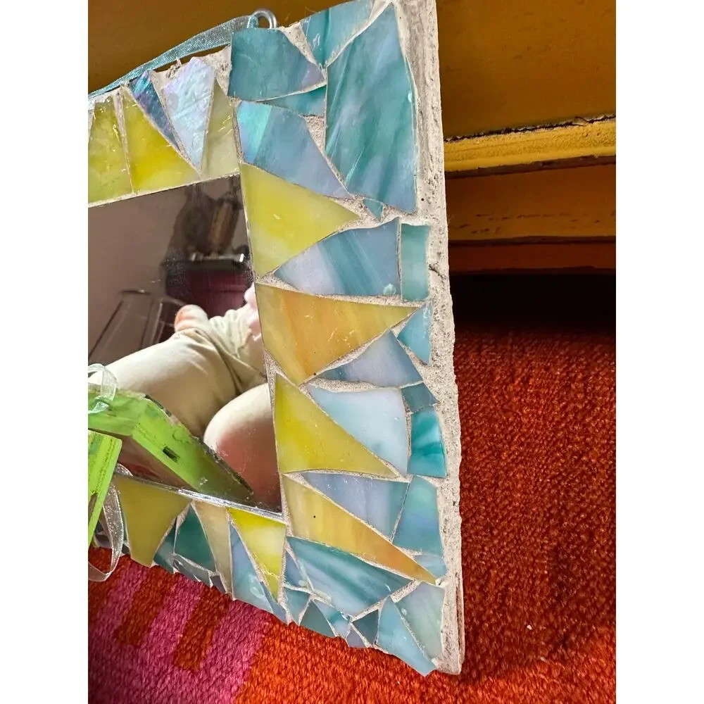 2 Vintage MOSAIC MIRRORS swell colors handmade bohemian green yellow 16x8”,8x6”